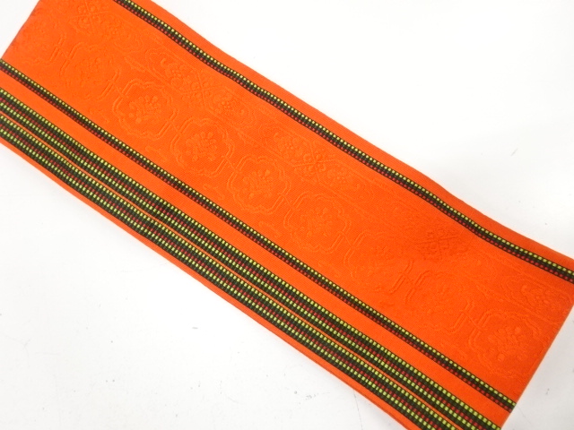 本場筑前博多　縞に花更紗模様織り出し　半幅帯